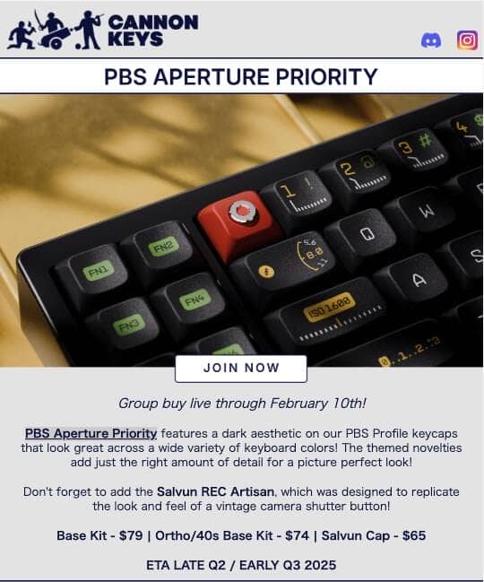 Cannonkeys' new PBS profile keycap, Aperture Priority Keycap Set, is now available in GB 1 4de60a447b4c5c61379e0760f2d97ff3