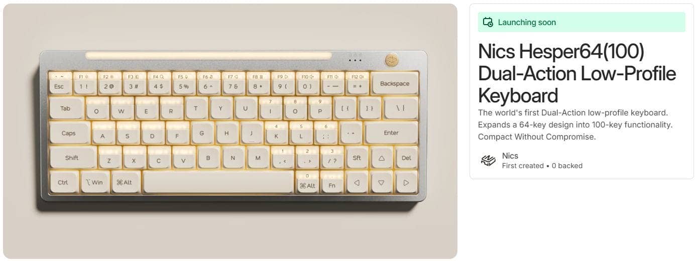 デポジット支払いで40%オフ|Nics Hesper64(100) Dual-Action Low-Profile Keyboardが7月にKickStarterに登場 7 KickstarterPre launchCaptured 1