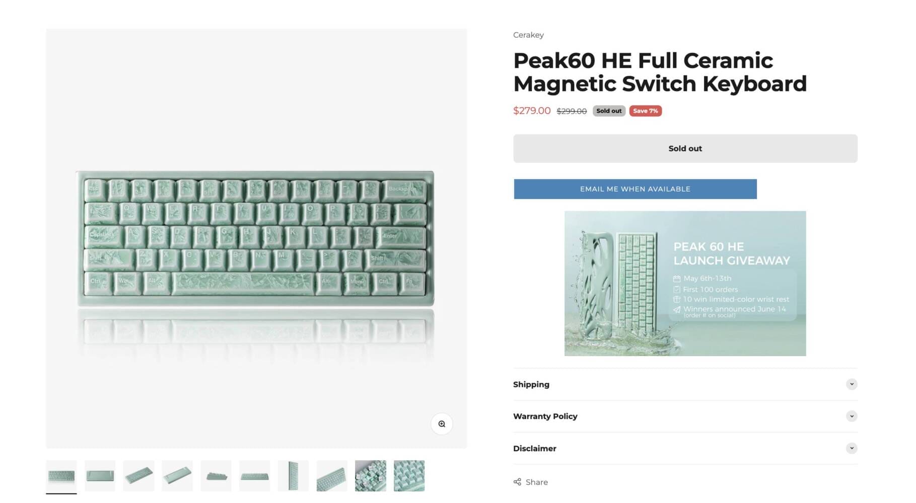 Cerakey、フルセラミックの「Peak 60 HE」販売を予告。磁気スイッチ